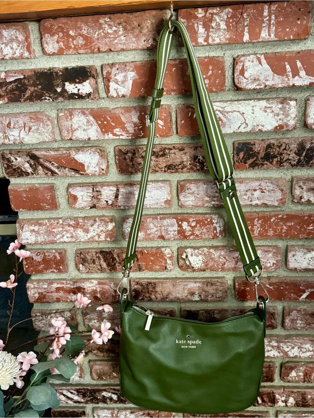 kate spade Olive Green Pebbled Leather Crossbody with Striped Strap